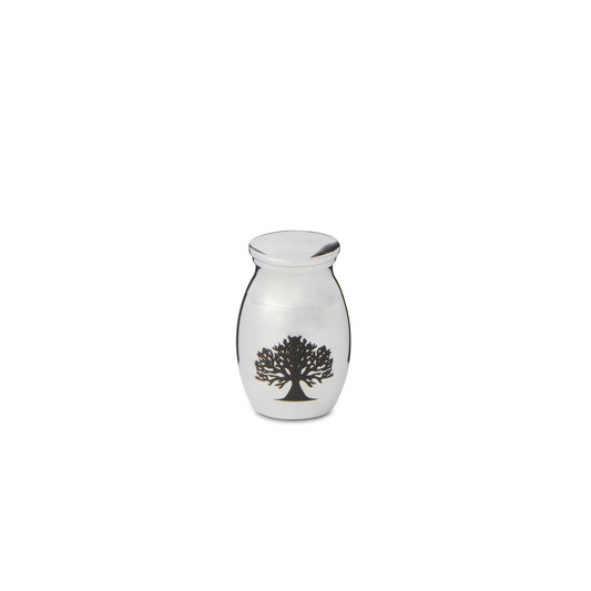 Tree of Life Thimble Urn in silver tone with engraved tree design, ideal for holding small keepsakes or ashes. Stainless steel finish adds elegance.