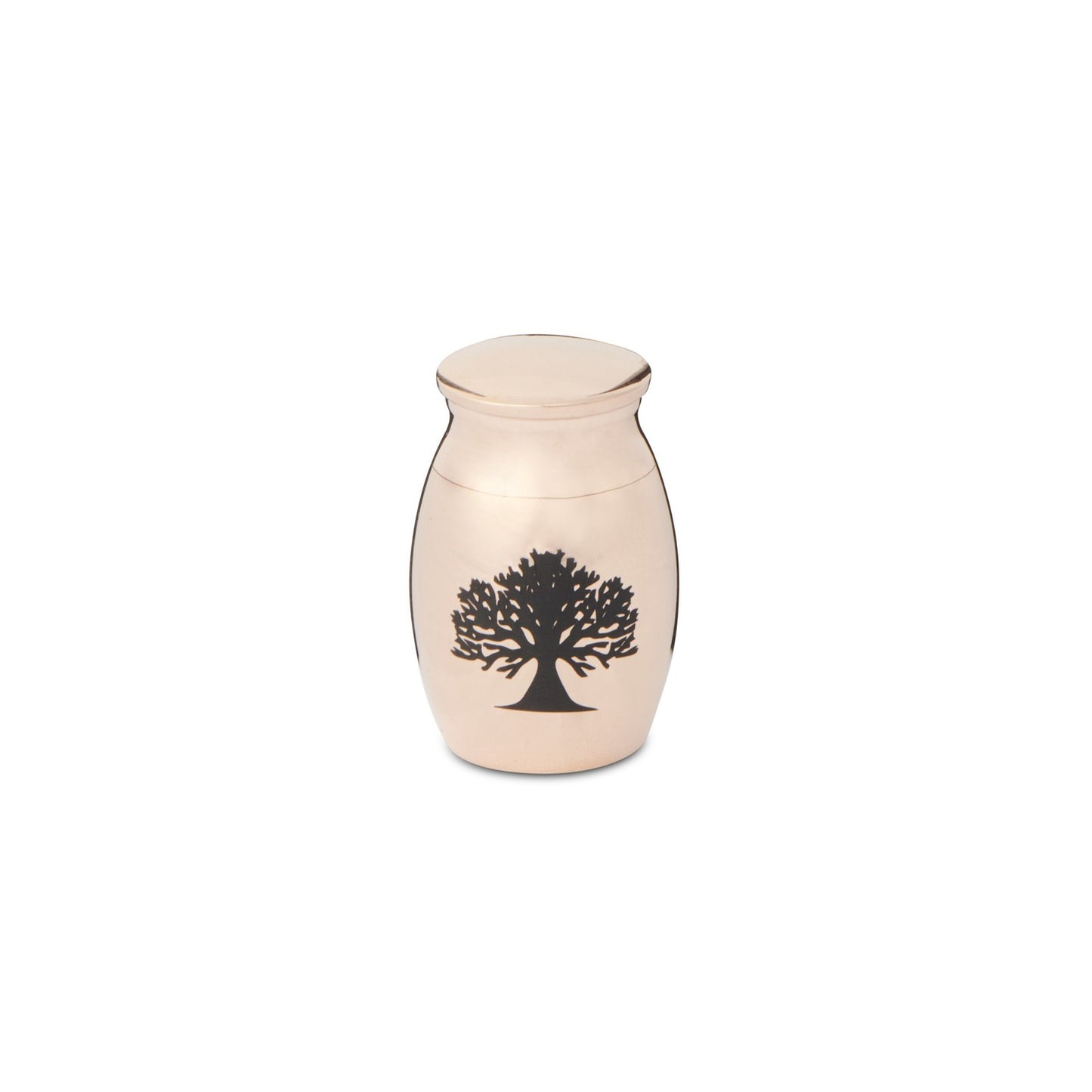Mini Tree of Life Urn Rose Gold in stainless steel with black tree design, ideal for cremation keepsakes and ashes storage.