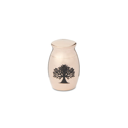 Mini Tree of Life Urn Rose Gold in stainless steel with black tree design, ideal for cremation keepsakes and ashes storage.