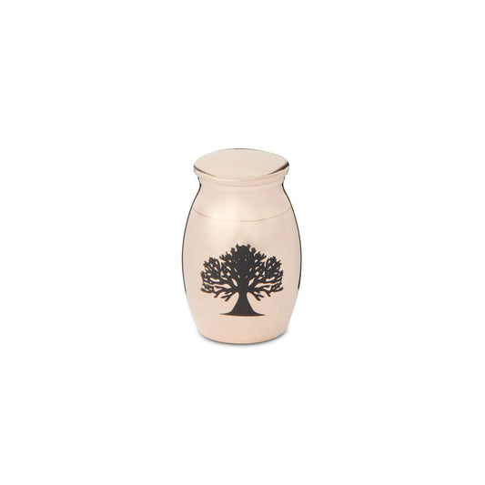 Mini Tree of Life Urn Rose Gold in stainless steel with black tree design, ideal for cremation keepsakes and ashes storage.