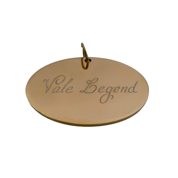 Oval Name Tag Gold - Personalized Gold Name Tag | Stainless Steel engraved gold oval tag reading 'Vale Legend', suitable for memorial urns or keepsakes.