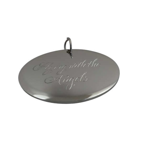 Engraved Oval Name Tag Silver - Personalized Name Tags featuring 'Flying with the Angels' script. Elegant silver tag for memorial or formal use.