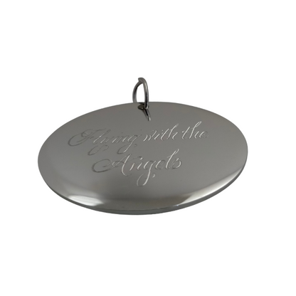 Engraved Oval Name Tag Silver - Personalized Name Tags featuring 'Flying with the Angels' script. Elegant silver tag for memorial or formal use.