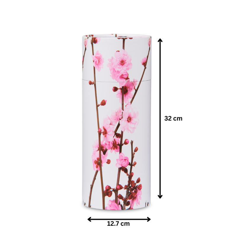 Large Cherry Blossom Urn - Memorial | Secure Closing, 32 cm tall and 12.7 cm wide, ideal for scattering ceremonies.