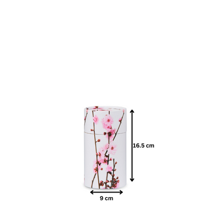 Small Cherry Blossom Scattering Urn for Ashes, 16.5 cm tall and 9 cm wide, featuring elegant pink blooms for memorial and tribute purposes.