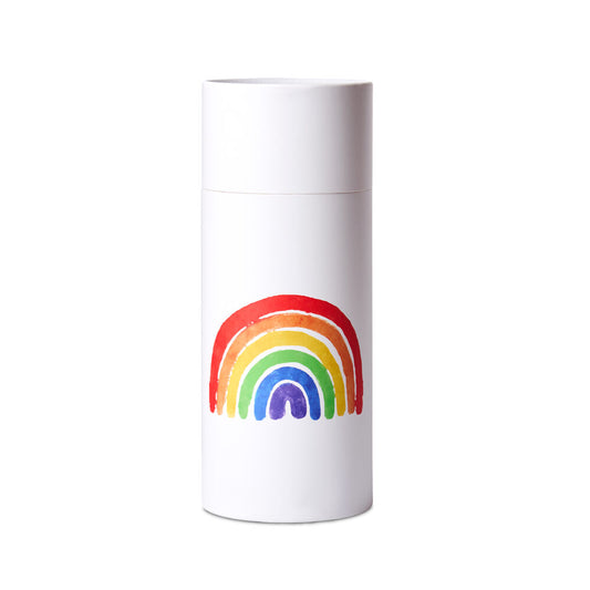 Rainbow Scattering Urn - Large with vibrant rainbow design on white cylindrical body. Durable memorial urn ideal for respectful ash scattering ceremonies.