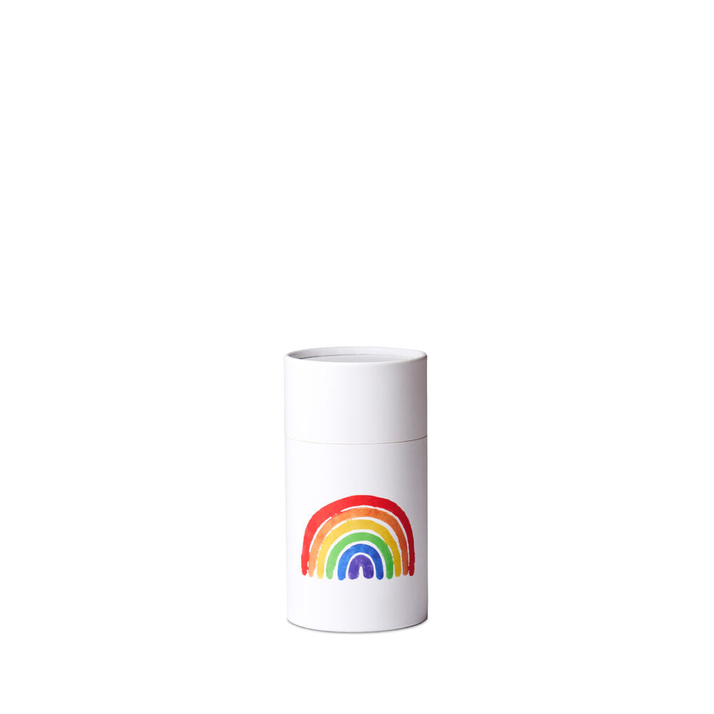 Small Rainbow Urn for ash scattering with vibrant rainbow design on white cylindrical container. Ideal for memorial ceremonies and remembrance.