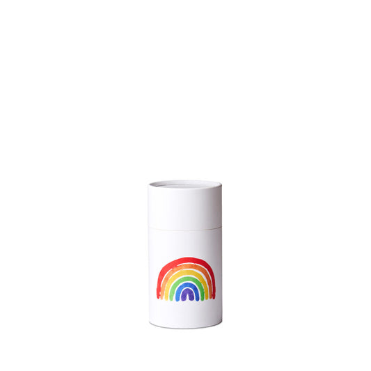 Small Rainbow Urn for ash scattering with vibrant rainbow design on white cylindrical container. Ideal for memorial ceremonies and remembrance.