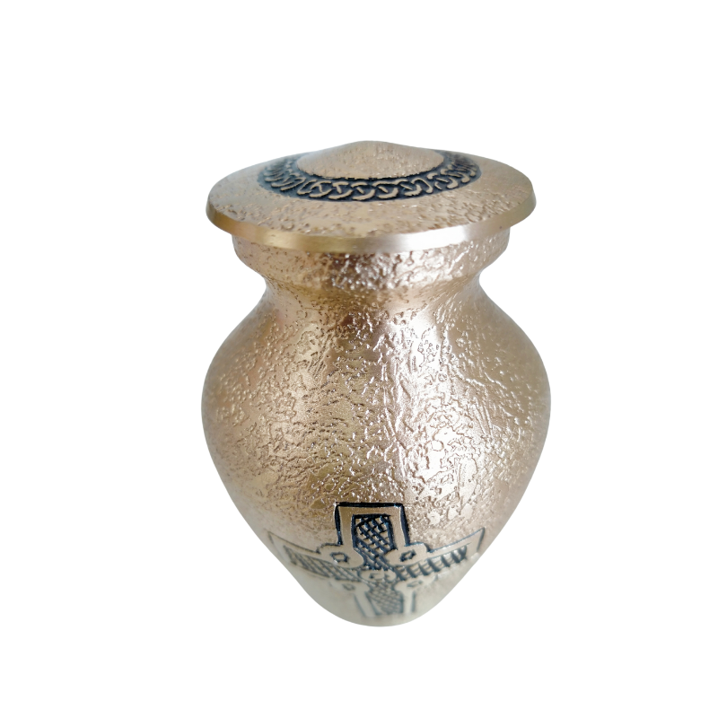 Hammered Gold Cross Urn Keepsake - Memorial | Durable, Elegant. Side view of gold keepsake urn with detailed lid and cross design, perfect for memorial display.