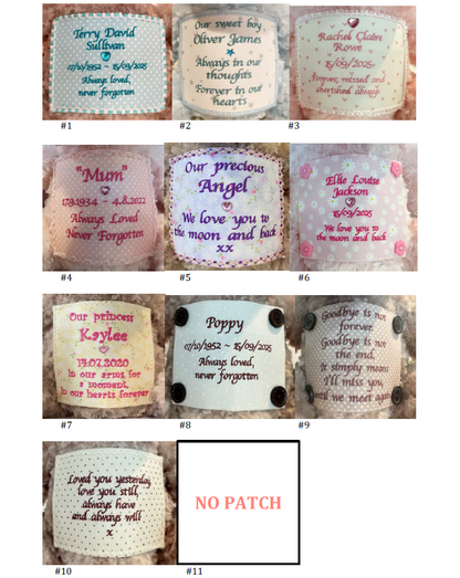 Custom patch embroidery options for Baby Blue Teddy Bear Keepsake Urn, showcasing personalized memorial messages and names.