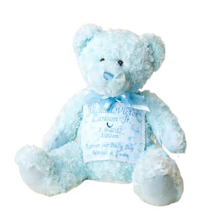 Baby Blue Teddy Bear Cremation Urn - Worth Cherishing | Keepsakes. Soft blue teddy bear urn with personalized chest patch for infant memorial keepsake.