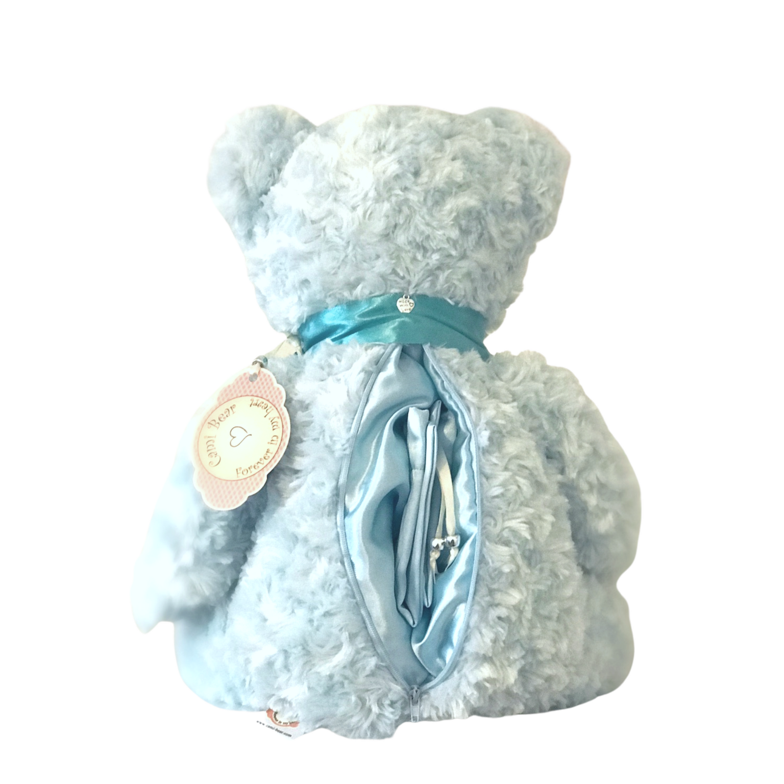 Back view of Baby Blue Teddy Bear Cremation Urn - Worth Cherishing | Keepsakes. Zippered compartment for ashes or keepsakes with satin lining.