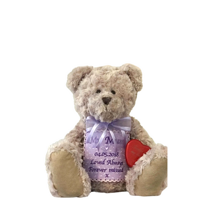 Classic Teddy Bear Keepsake Urn - Memorial | Timeless Memento featuring a soft plush bear with a personalized embroidered patch and heart detail.