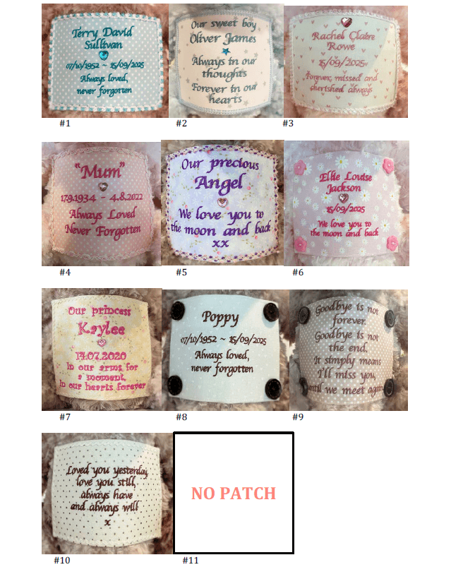 Custom patch embroidery options for Classic Teddy Bear Keepsake Urn - Memorial | Timeless Memento, showcasing personalized memorial messages.