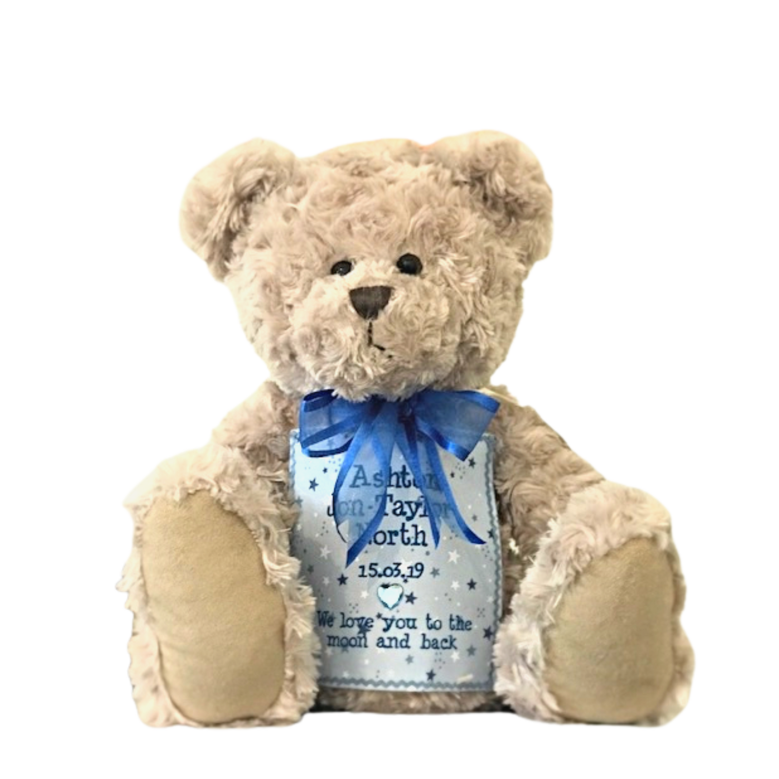 Classic teddy bear cremation urn with custom blue memorial patch and plush exterior. Elegant keepsake for honoring loved ones.