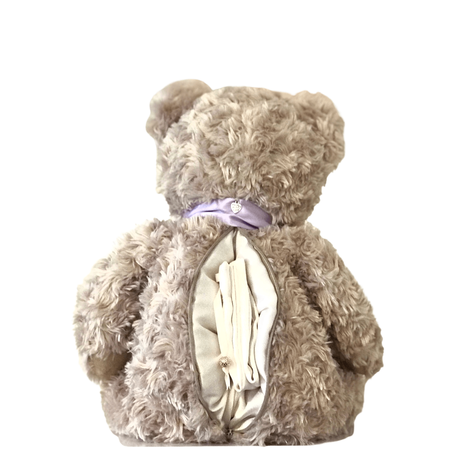 Back view of teddy bear cremation urn showing secure zippered compartment for ashes. Soft plush design for discreet memorial.