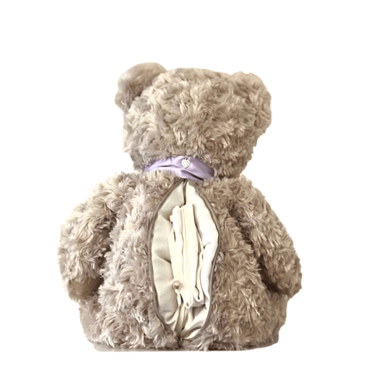 Back view of teddy bear cremation urn showing secure zippered compartment for ashes. Soft plush design for discreet memorial.