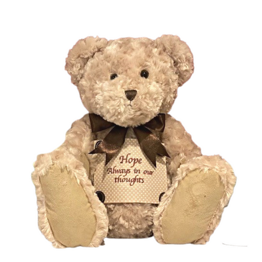 Classic Teddy Bear Cremation Urn - Funeral Keepsake with brown ribbon and embroidered patch reading 'Hope Always in our thoughts'.
