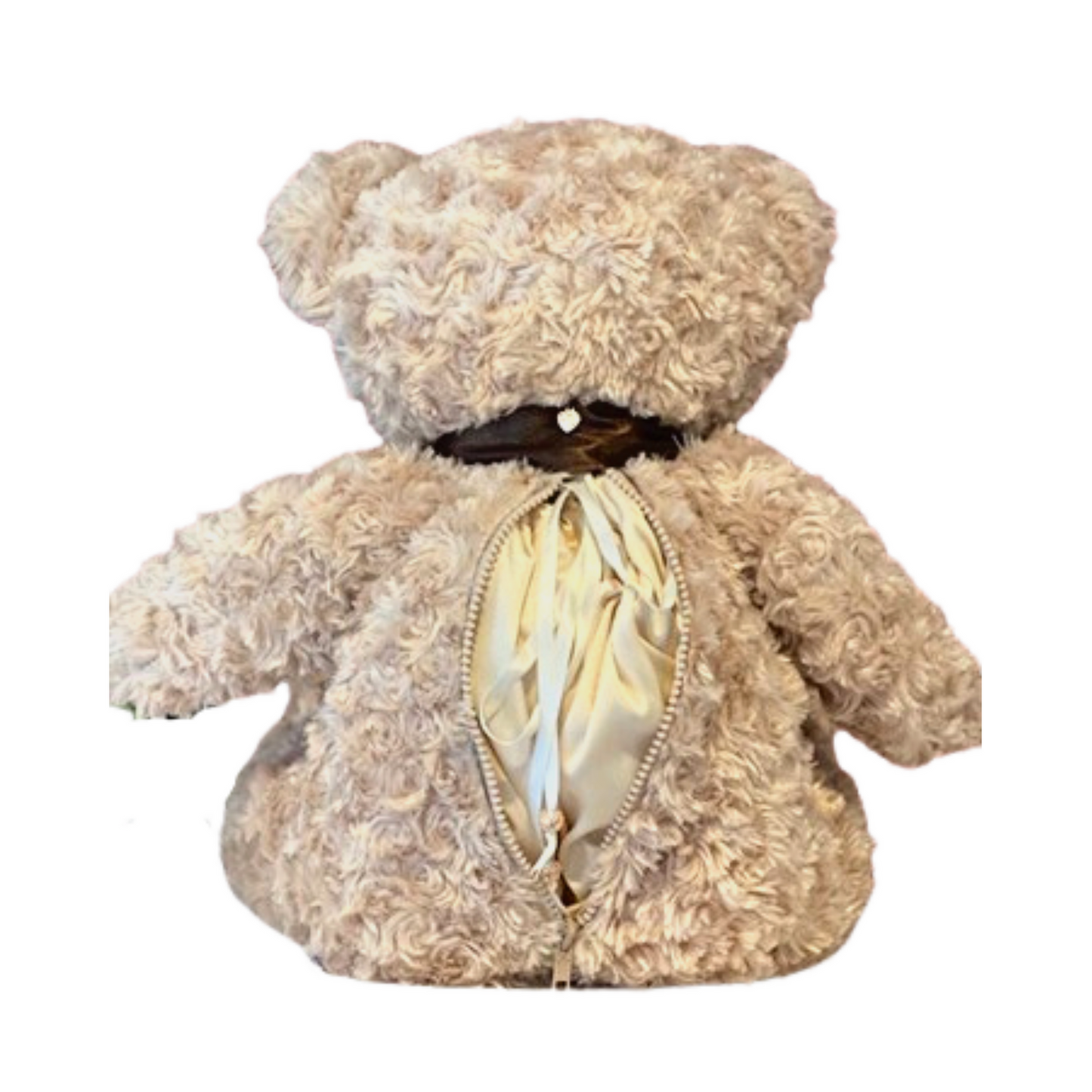 Back view of Classic Teddy Bear Cremation Urn - Funeral Keepsake showing hidden zippered compartment for ashes with satin lining.
