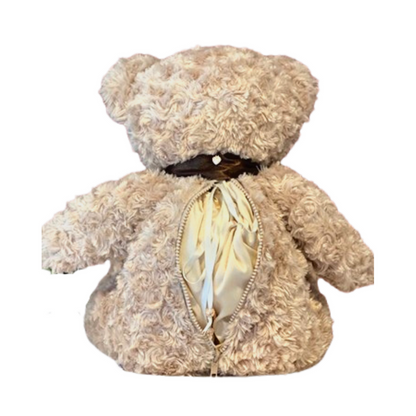 Back view of Classic Teddy Bear Cremation Urn - Funeral Keepsake showing hidden zippered compartment for ashes with satin lining.