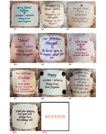 Custom patch options for Classic Teddy Bear Cremation Urn - Funeral Keepsake, featuring personalized memorial messages and names.