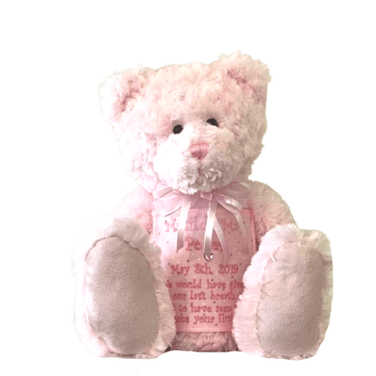 Pink Teddy Bear Cremation Urn with embroidered memorial patch and ribbon bow. A soft, comforting keepsake for honoring loved ones.