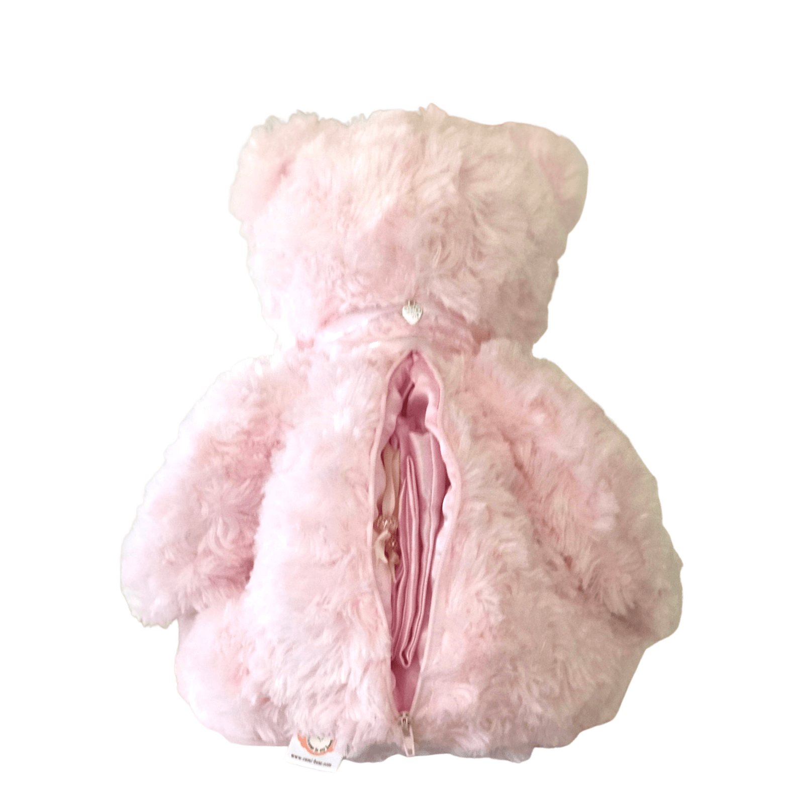 Back view of Pink Teddy Bear Cremation Urn showing discreet zippered compartment for ashes. Durable and plush design for lasting tribute.