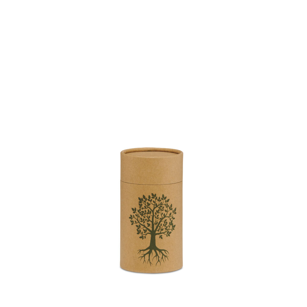 Tree of Life Urn - Scattering Urn with compact cylindrical design in eco-friendly brown material, ideal for honoring loved ones.