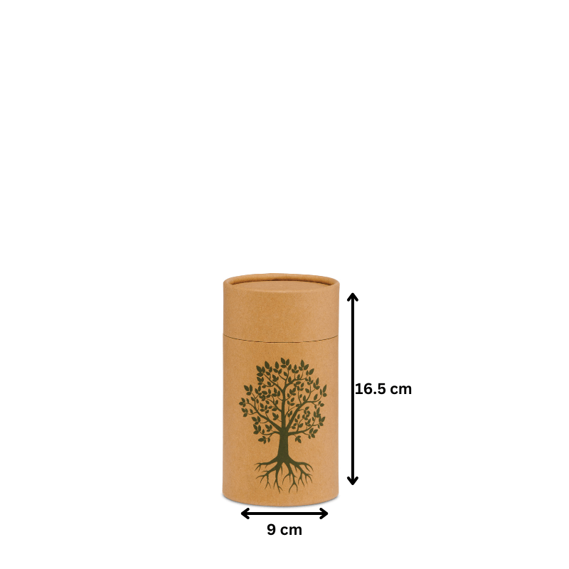 Tree of Life Urn - Scattering Urn measuring 16.5 cm tall and 9 cm wide, featuring a symbolic tree design on a biodegradable surface.