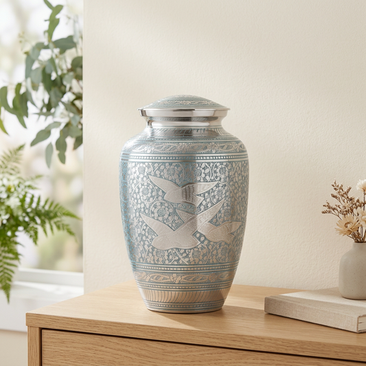 Birds Returning Home Adult Urn on a light oak console