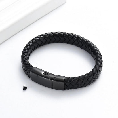 Black Braided Leather Bracelet Urn Black Clasp - PREMIUM URNS