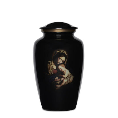 Black Cremation Urn with Mother Mary & Baby Jesus - PREMIUM URNS