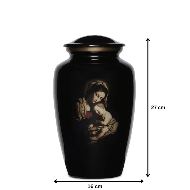 Black Cremation Urn with Mother Mary & Baby Jesus - PREMIUM URNS