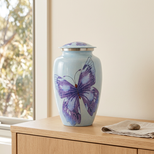 Blue on Blue Butterfly Adult Urn in a neutral home setting