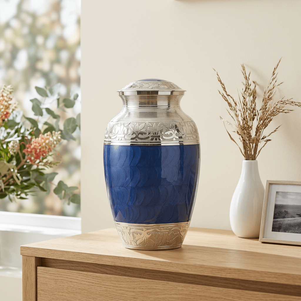 Classic Blue and Nickel Adult Urn - PREMIUM URNS
