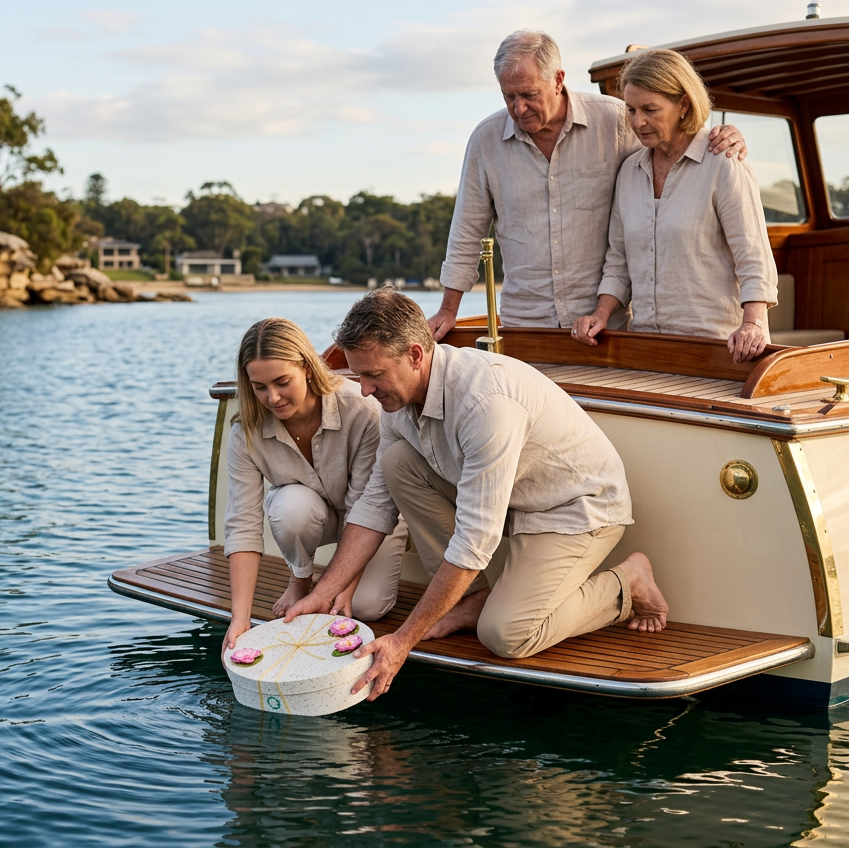 Family gently placing a Lotus Flower Ocean Urn into the water from a vintage timber boat