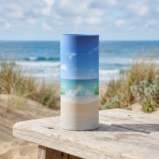 Large Beach Scattering Urn on a coastal bench