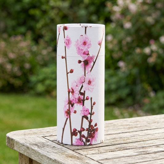 Large Pink Cherry Blossom Scattering Urn in a garden setting