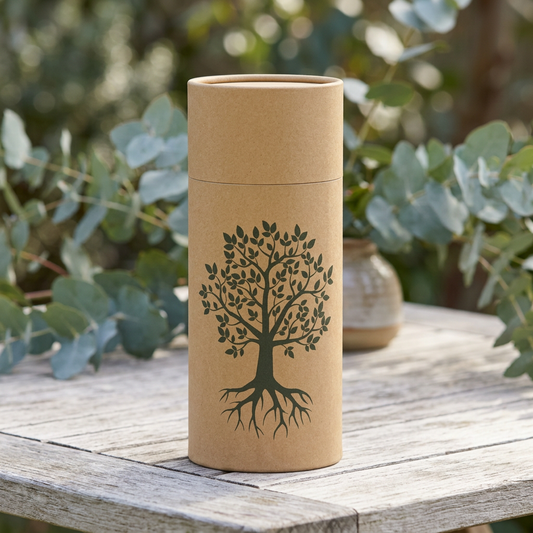 Large Tree of Life Scattering Urn with eucalyptus foliage behind