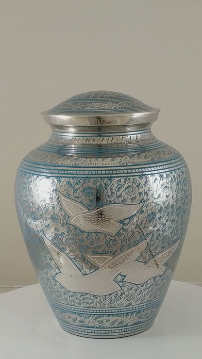 Peaceful Birds Teal Urn
