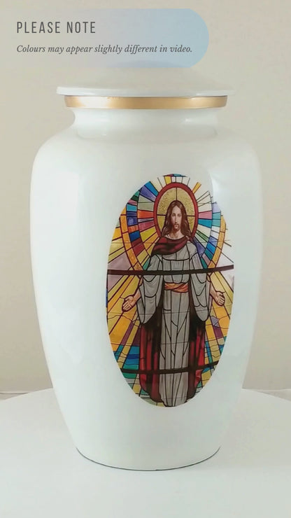 White Cremation Urn with Jesus by Stained Glass