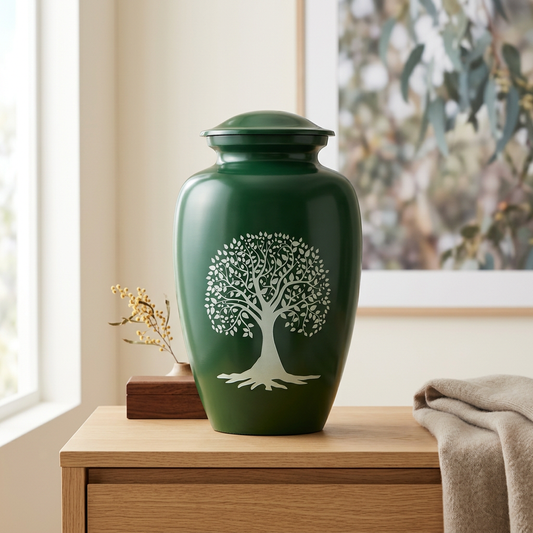 Tree of Life Green Adult Urn in a softly lit living room