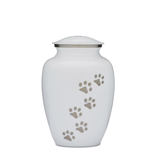 White and Silver Paws to Heaven Urn 8" - PREMIUM URNS