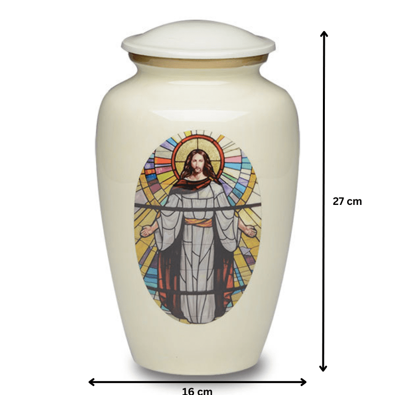 White Cremation Urn with Jesus by Stained Glass - PREMIUM URNS