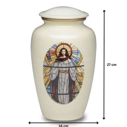 White Cremation Urn with Jesus by Stained Glass - PREMIUM URNS
