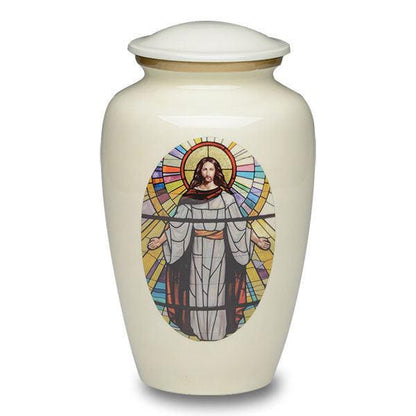 White Cremation Urn with Jesus by Stained Glass - PREMIUM URNS