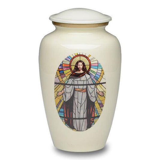 White Cremation Urn with Jesus by Stained Glass - PREMIUM URNS